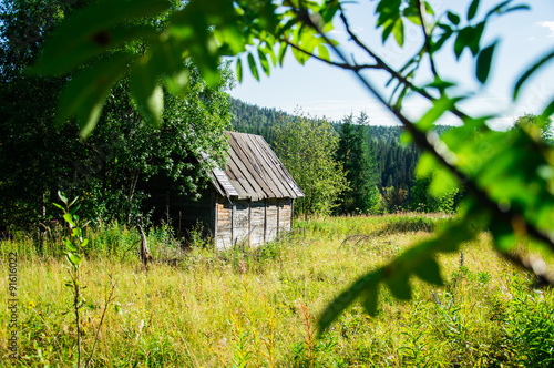 пейзаж с деревянным домиком на фоне горы