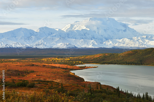 Denali Mountain and Wonder Lake at sunrise