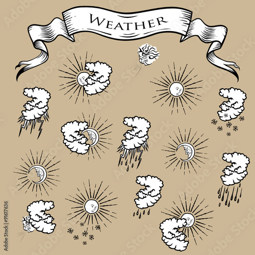 Set of vector weather icons in engraving style