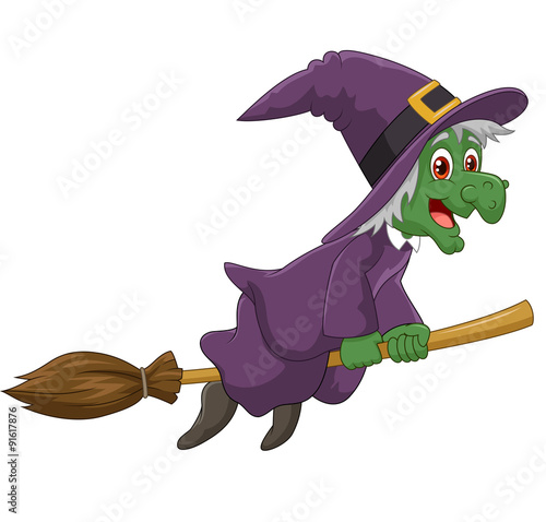 Sinister witch was riding broomstick on white background