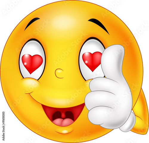 Cartoon smiley love face and giving thumb up. illustration