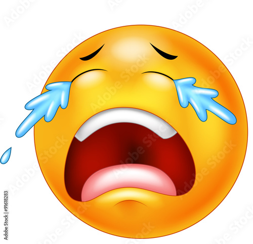 Cartoon emoticon crying with tears, isolated on white background