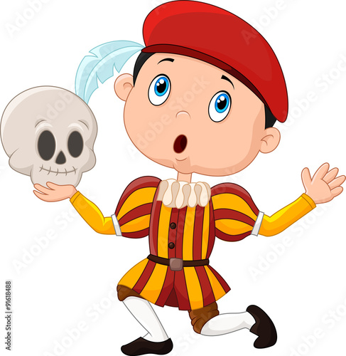 Little boy playing Hamlet in a school play, holding a skull
