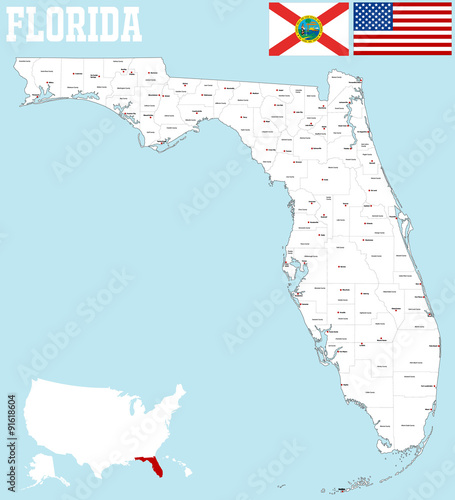 A large map of the State of Florida with all counties and county seats.
