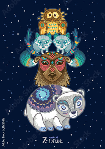 Hand drawn decorative cartoon totem with animals