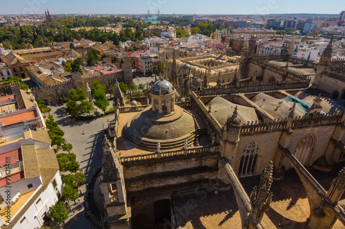 Cathedral of Santa Maria de Sevilla view from the Giralda in Seville , Spain