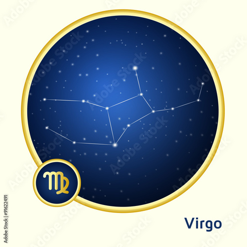 Virgo constellation zodiac sign in golden circle at starry night sky 