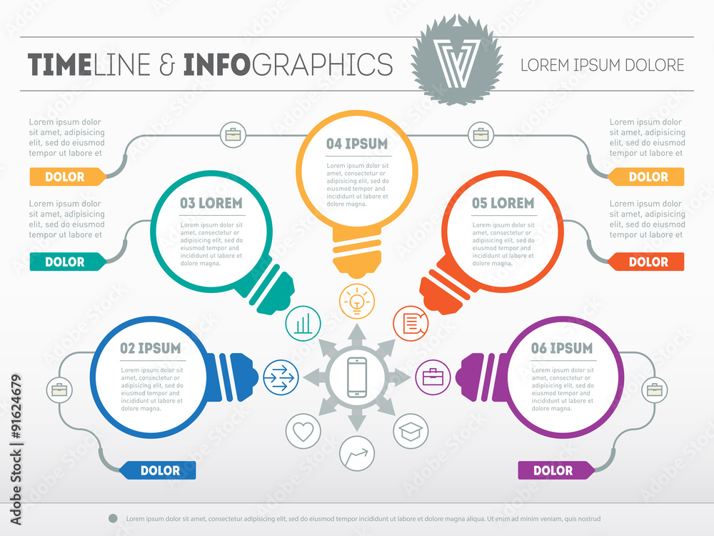 Part of the report with logo, icons set and stylized lamps. Busi Part of the report with logo, icons set and stylized lamps. Busi