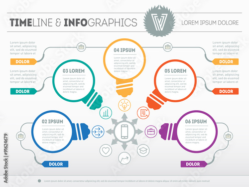 Part of the report with logo, icons set and stylized lamps. Busi