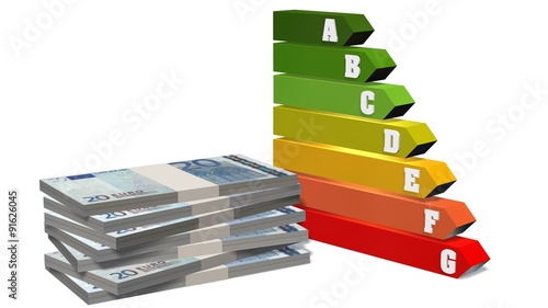  Energy efficiency rating scale and stack of 20 euro bills