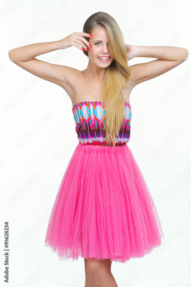 Gorgeous young woman with long healthy blonde hair posing isolated on white Gorgeous young woman with long healthy blonde hair posing isolated on white