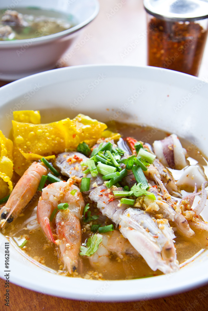 Fresh mantis shrimp and seafood with Tom Yum noodle, Bangkok Tha Fresh mantis shrimp and seafood with Tom Yum noodle, Bangkok Tha