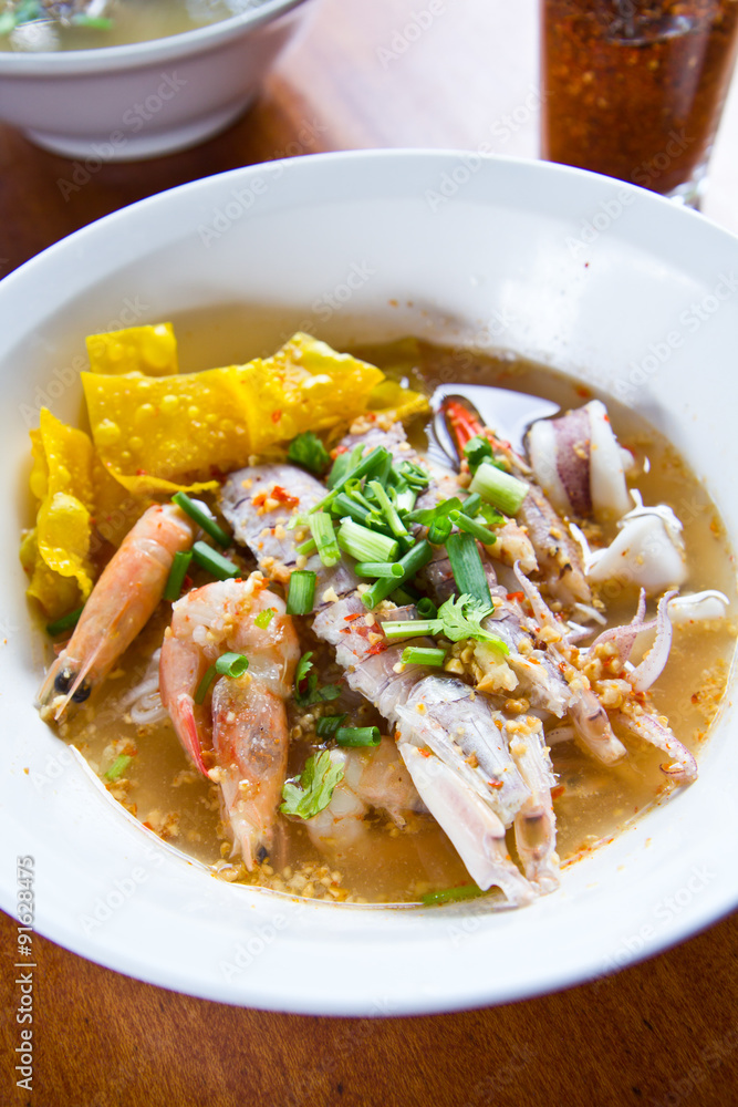 Fresh mantis shrimp and seafood with Tom Yum noodle, Bangkok Tha Fresh mantis shrimp and seafood with Tom Yum noodle, Bangkok Tha