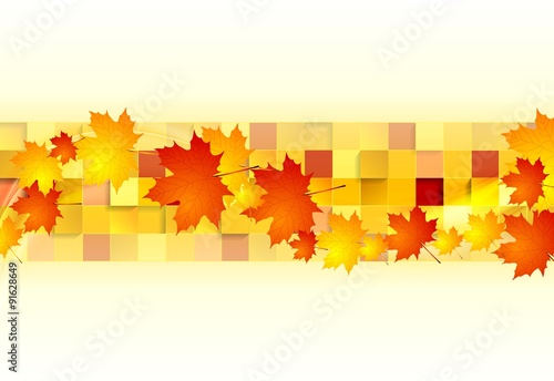 Red orange maple leaves on geometric squares background