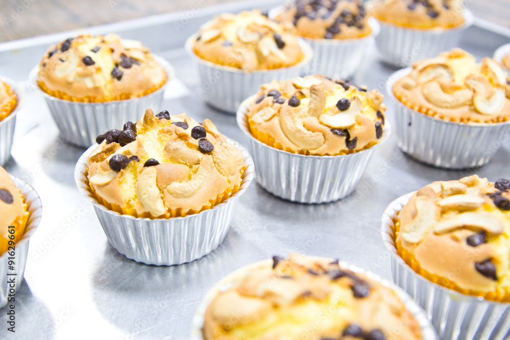 Muffin butter cakes with cashew nut and chocolate chips on top