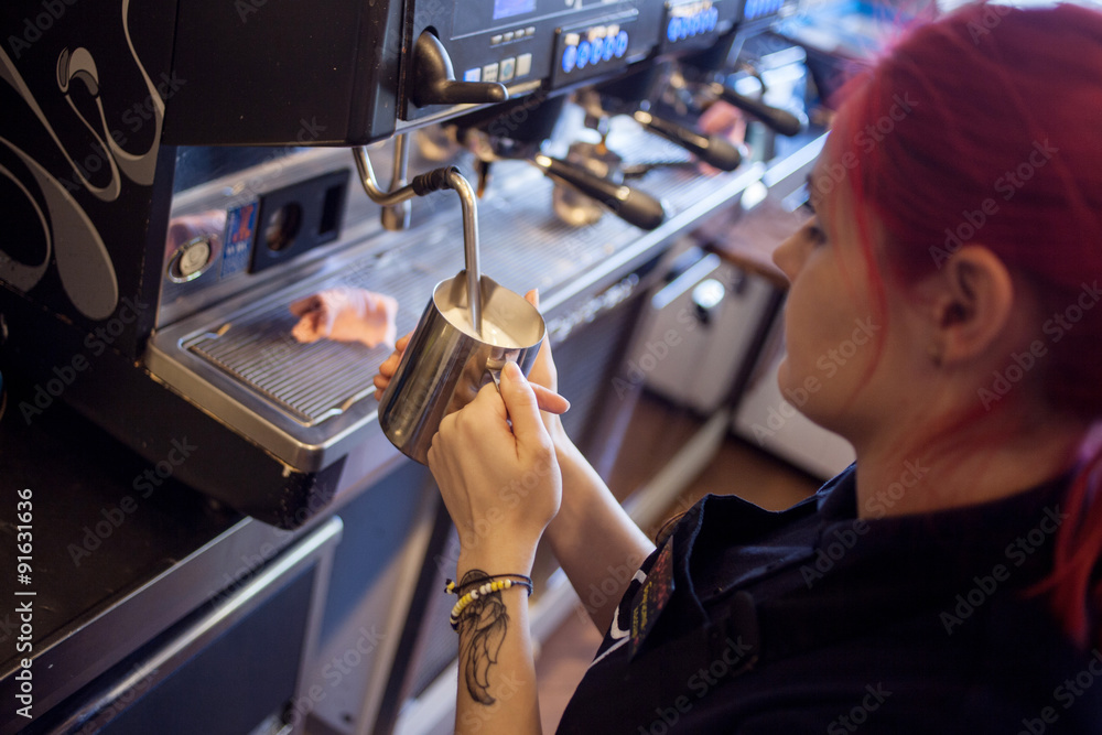 young girl Barista prepares coffee in pub, bar, restaurant young girl Barista prepares coffee in pub, bar, restaurant