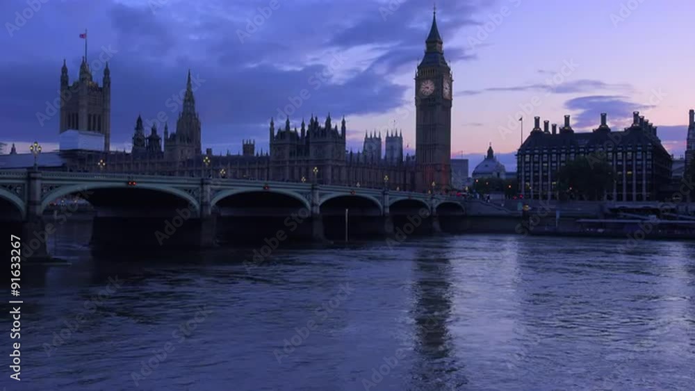 Dusk shot of the River Thames with Big Ben, Parliament and Westminster Abbey distant. Dusk shot of the River Thames with Big Ben, Parliament and Westminster Abbey distant.