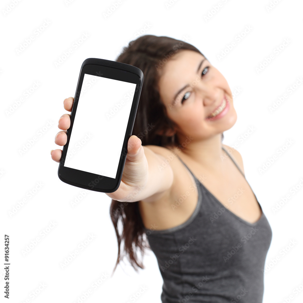 Happy promoter girl showing a blank smart phone screen