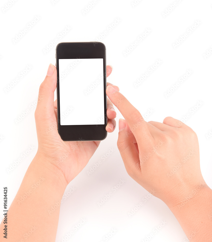 Hand holding and Touch on Black Smartphone with blank screen on Hand holding and Touch on Black Smartphone with blank screen on