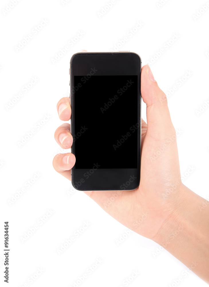 Hand holding smartphone with blank screen isolated on white back Hand holding smartphone with blank screen isolated on white back
