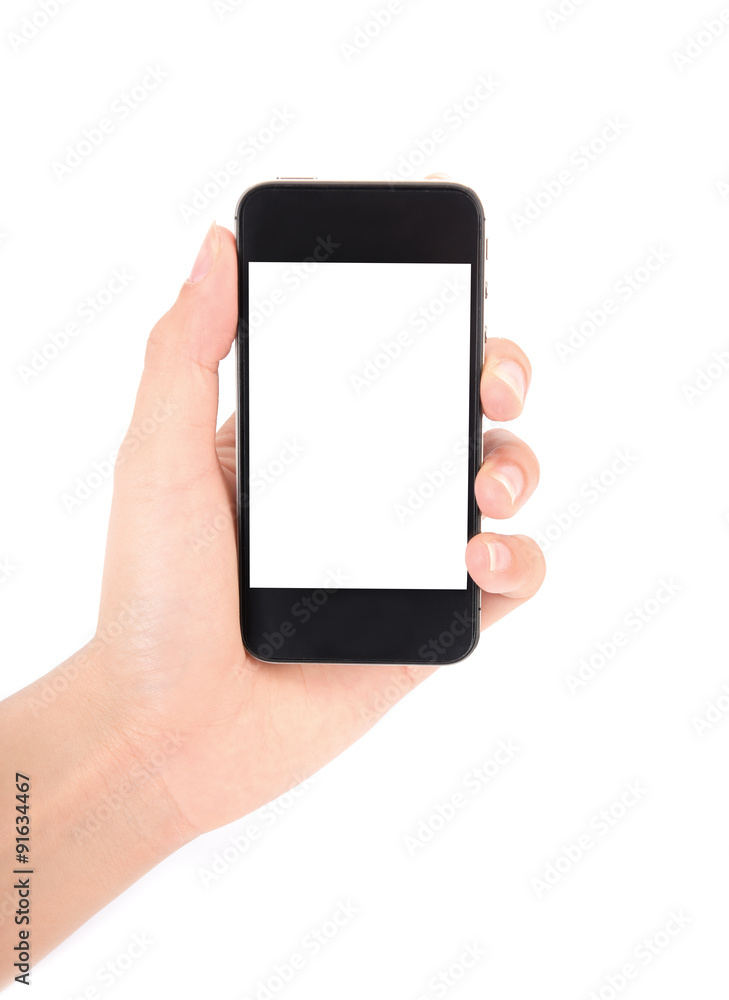 Hand holding smartphone with blank screen isolated on white back Hand holding smartphone with blank screen isolated on white back