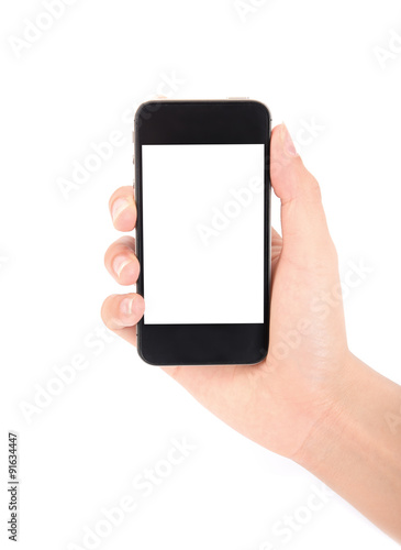 Hand holding smartphone with blank screen isolated on white back