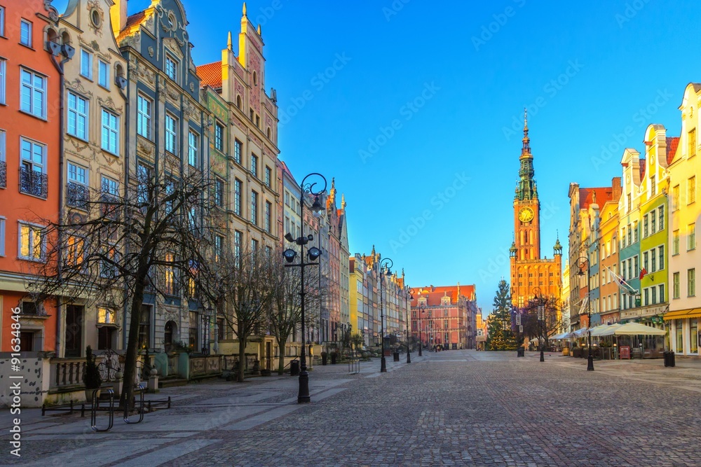 Morning view of Long Lane street in Polish Gdansk during Christmas time