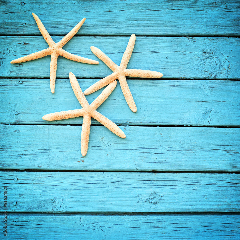 starfish on the blue wooden background starfish on the blue wooden background