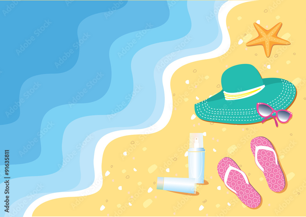 Naklejka premium Beach with sea shells and flip-flops and accessories for swim