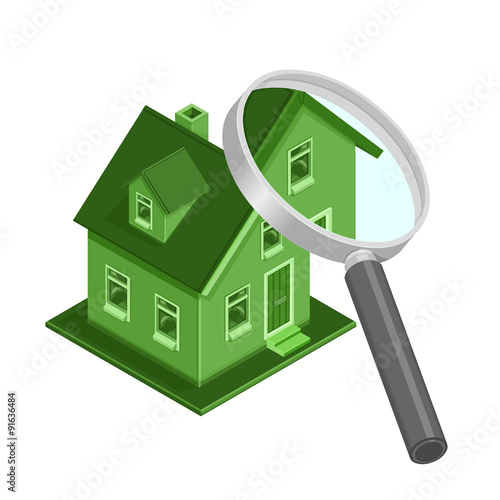 Isometric Eco Friendly House inspection - A vector illustration of an ECO friendly home being examined with a magnifying glass.