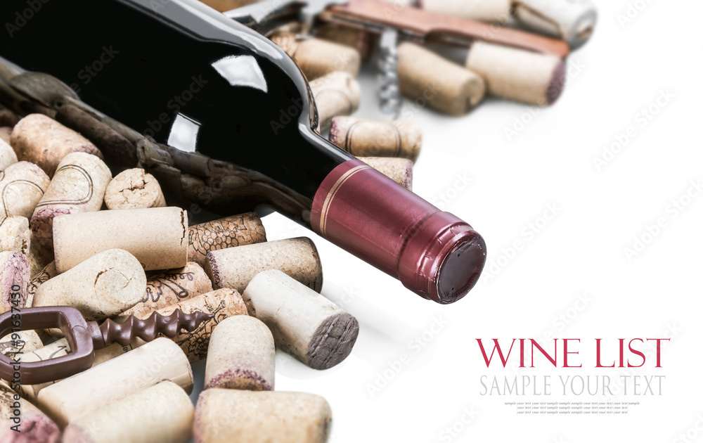 Wine and corks isolated on white background