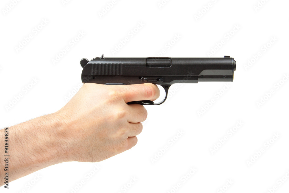 Man's hand holding gun, isolated on white. Man's hand holding gun, isolated on white.