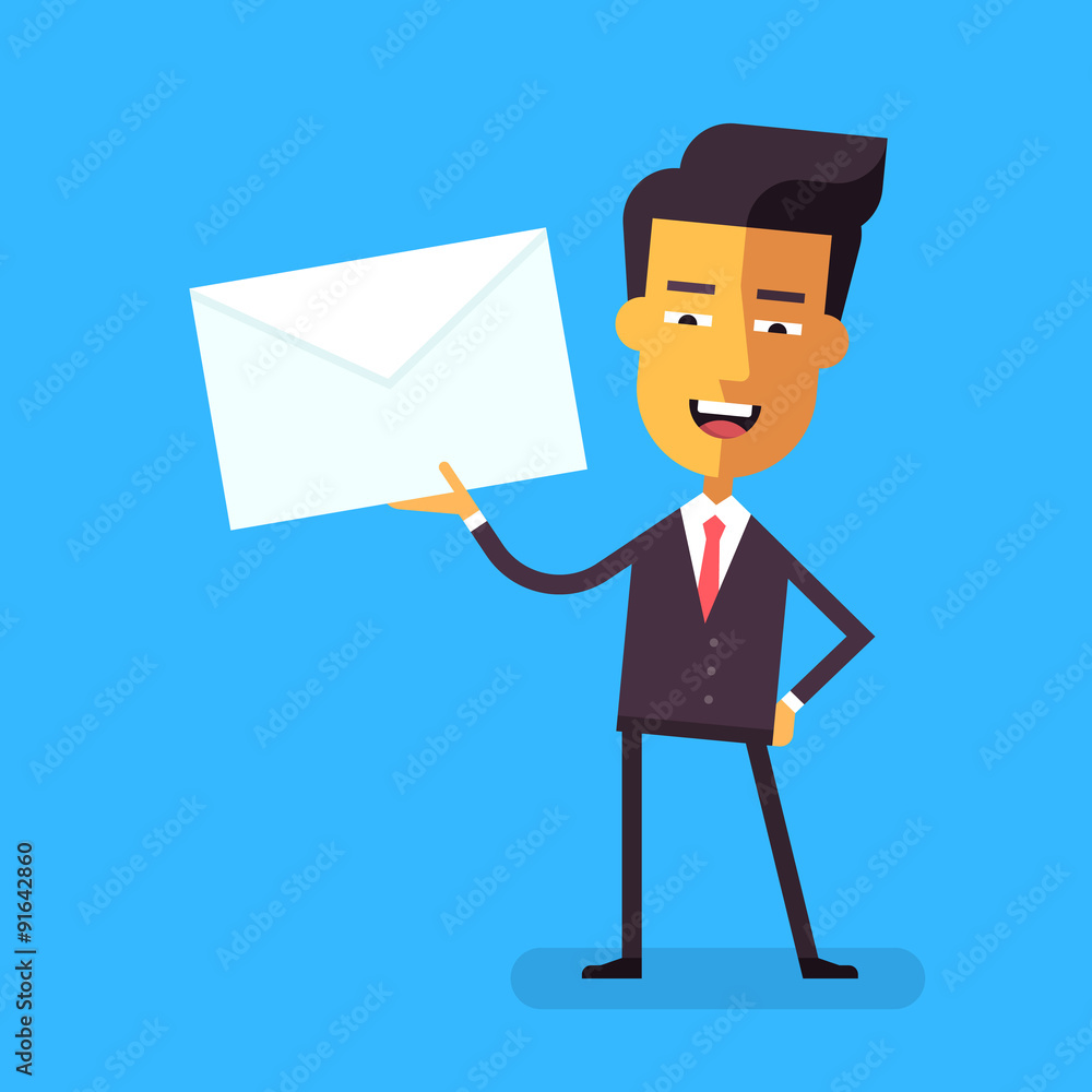 Handsome asian businessman in formal suit talking holding an envelope with a letter. Cartoon character - cute manager. Stock vector illustration style flat. Handsome asian businessman in formal suit talking holding an envelope with a letter. Cartoon character - cute manager. Stock vector illustration style flat.