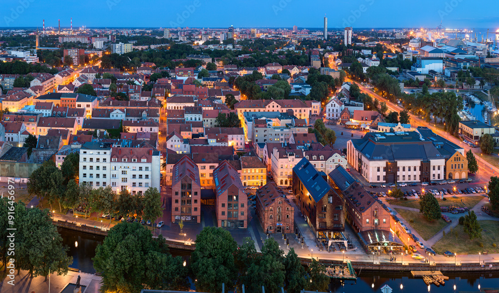 Aerial view of the Old town district. Klaipeda city in the evening time. Klaipeda, Lithuania.