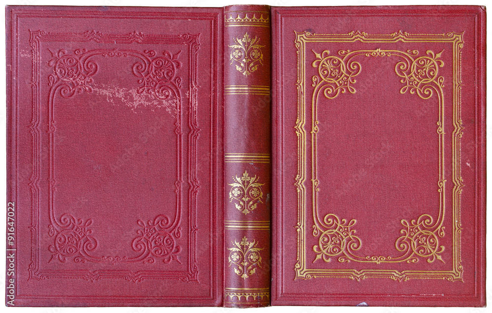 Obraz premium Old open book cover in red canvas with embossed golden abstract decorations (circa 1885), isolated on white