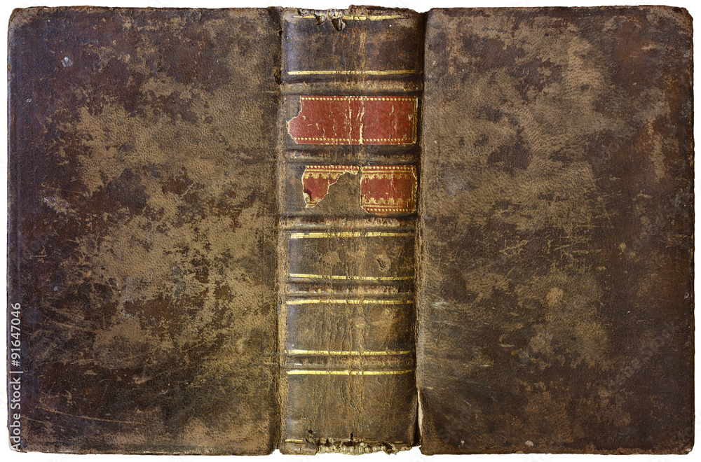 Naklejka premium Antique open book - worn brown leather cover with thick spine and abstract golden decorations - circa 1750 - isolated on white