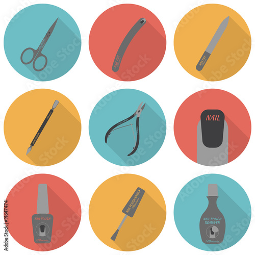 Set of flat icons of tools and accessories for nail care - manic