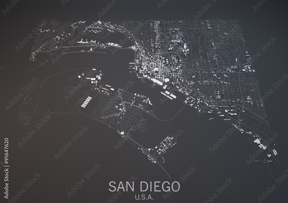 Fototapeta premium Cartina San Diego, vista satellitare, sezione 3d, Stati Uniti