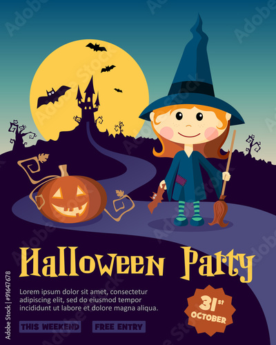 Halloween Party Design template, with witch girl