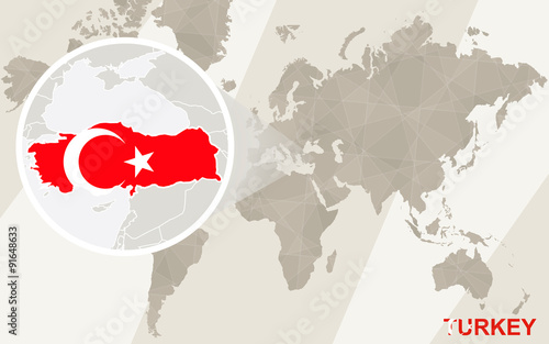 Zoom on Turkey Map and Flag. World Map.