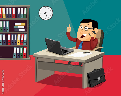 Cartoon businessman on the phone in office. Customer service. Technical support. Simple vector illustration.