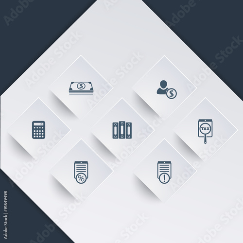 Bookkeeping, finance, payroll icons on square shapes