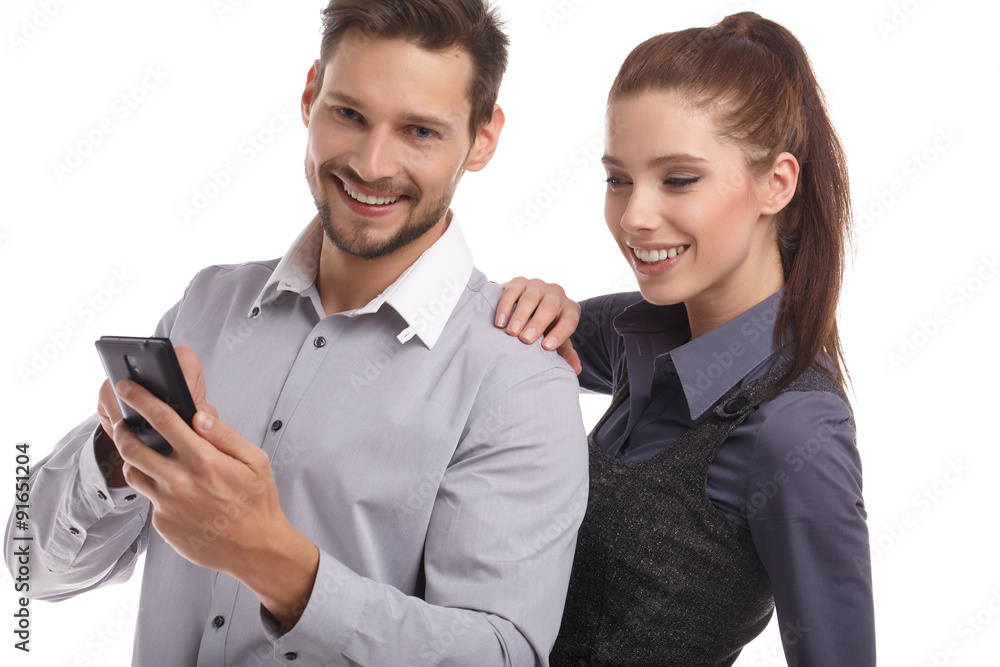 Young couple take selfie, studio isolated shoot Young couple take selfie, studio isolated shoot