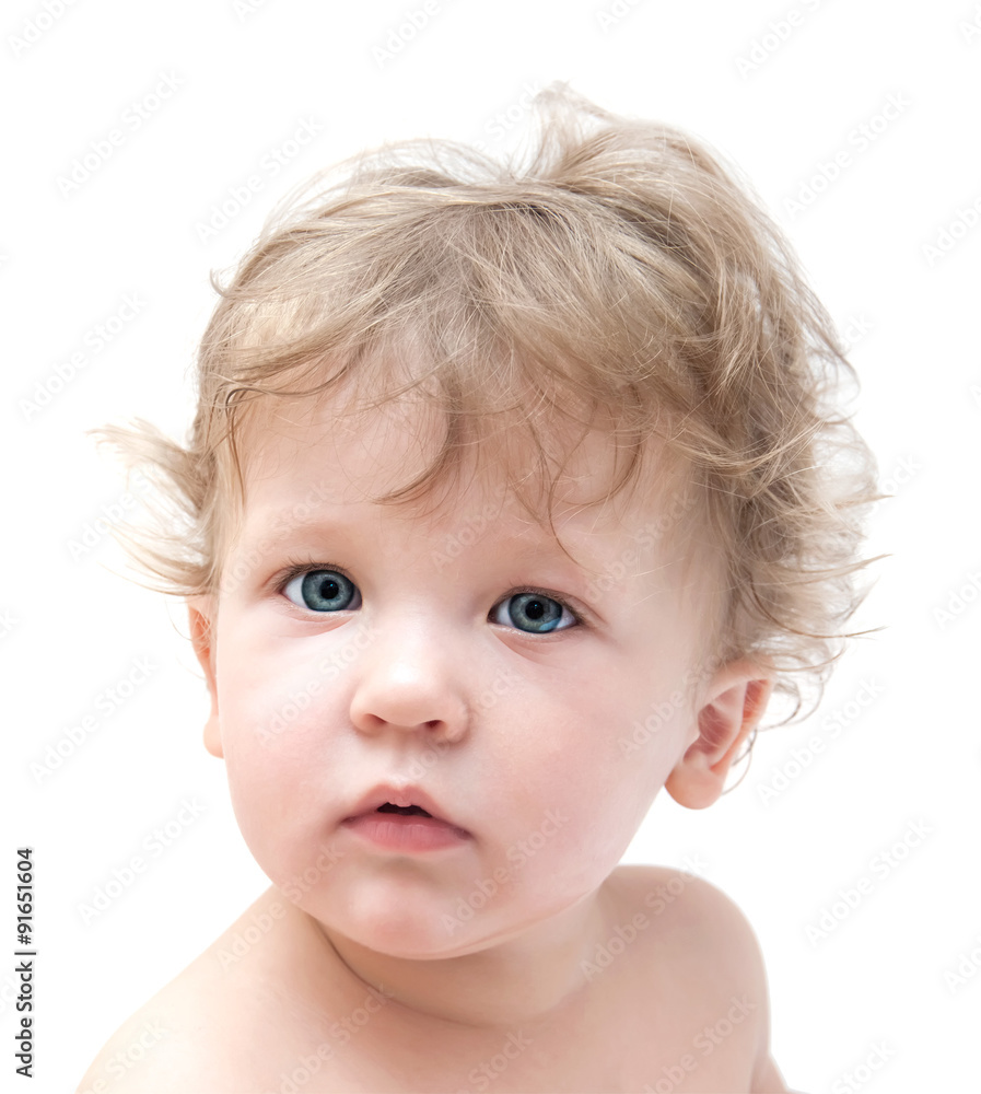 portrait of a young child with curly hair on white background portrait of a young child with curly hair on white background
