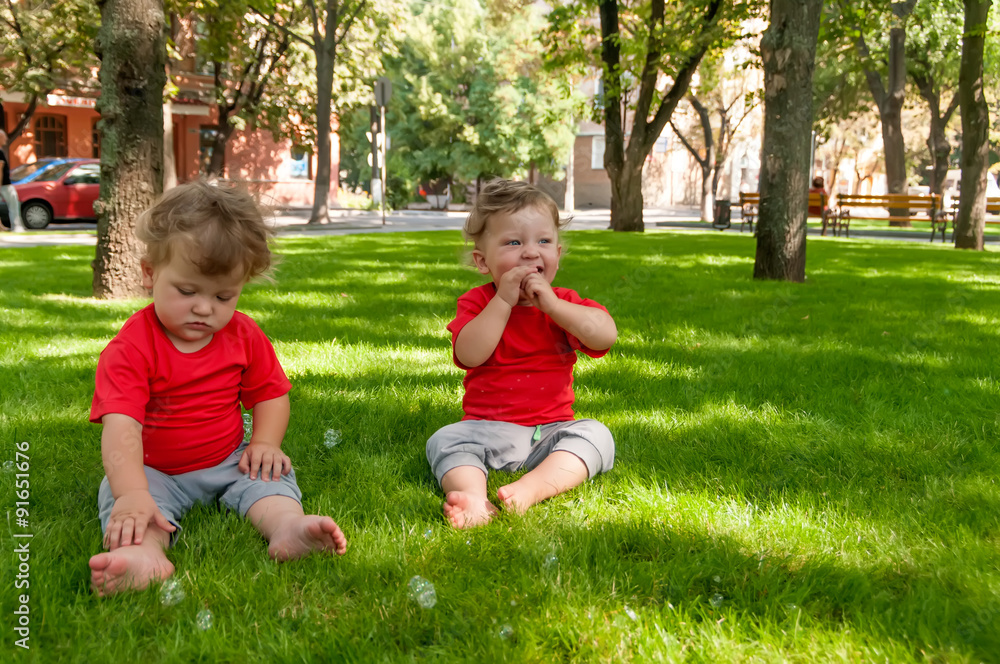 Fototapeta premium children twins play on the grass with soap bubbles