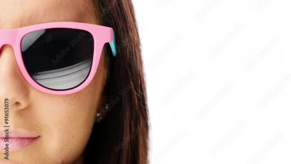 Woman wearing sunglasses portrait close up half face character series isolated on pure white background Woman wearing sunglasses portrait close up half face character series isolated on pure white background