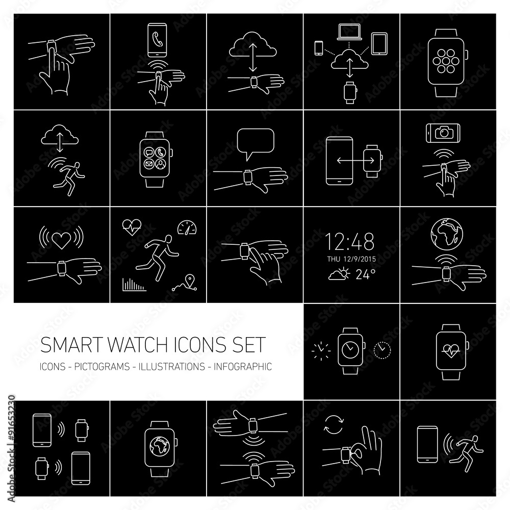 Vector smart watch linear icons set with hand gestures and picto