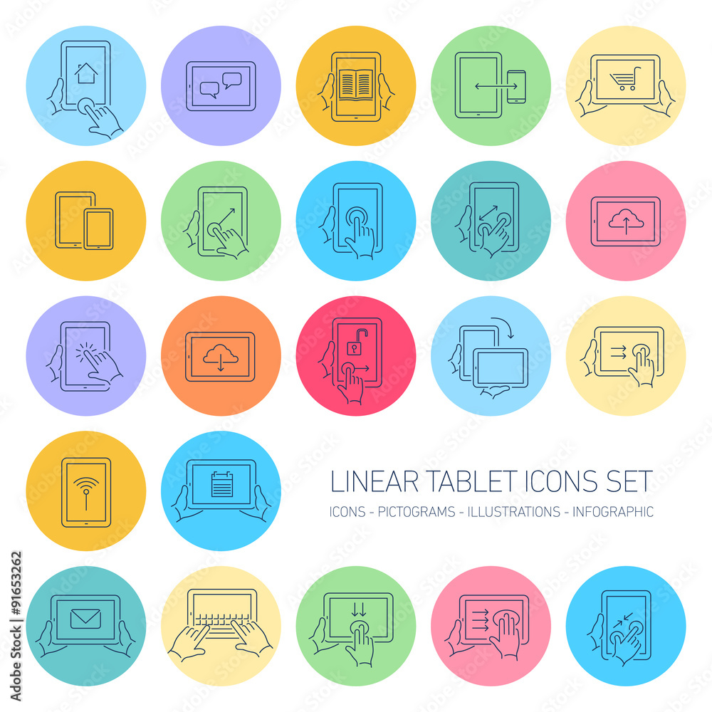 Vector linear tablet icons set with hand gestures and pictograms