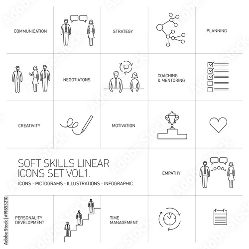 Soft skills vector linear icons and pictograms set black 