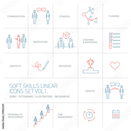 Soft skills vector linear icons and pictograms set blue and red photo